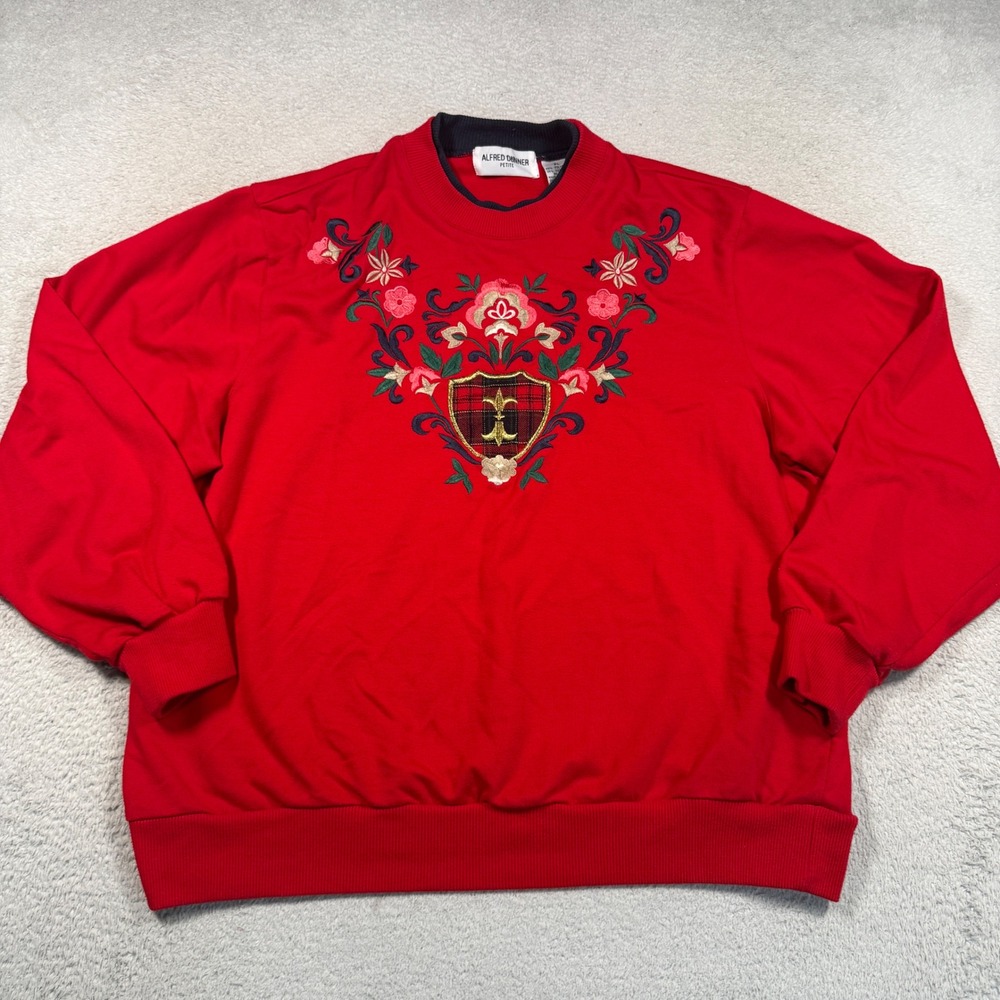Vintage Alfred Dunner Sweatshirt Women PL Red Floral Embroidered Plaid Shield